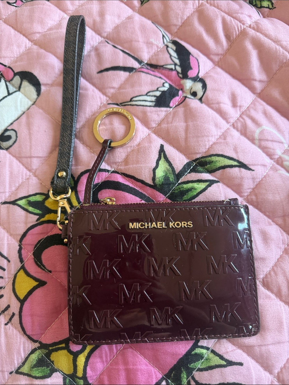 Michael Kors Burgundy Patent Wristlet Card Case with Gold Hardware